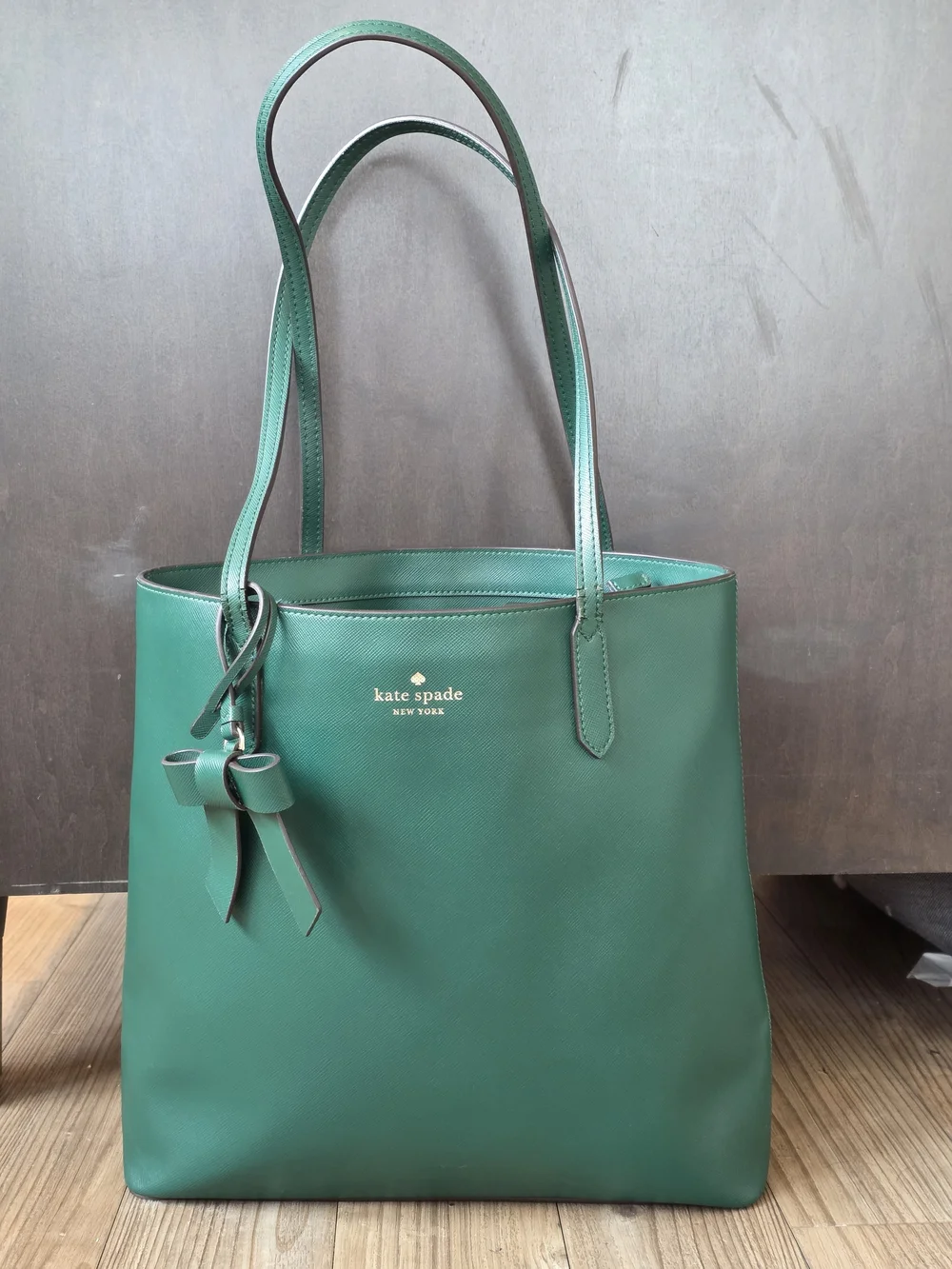 kate spade Deep Jade/Emerald Green Saffiano Leather Tote with Bow Charm